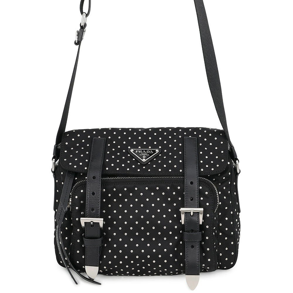 Prada Vela Studded Shoulder Bag Black